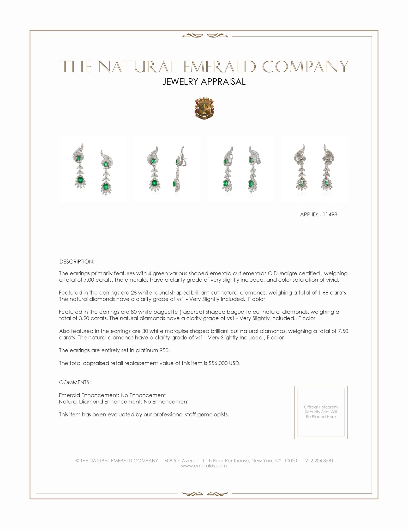 7.00 Ct.Tw. Emerald Natural Diamond Accent Stones Earrings, Platinum 950