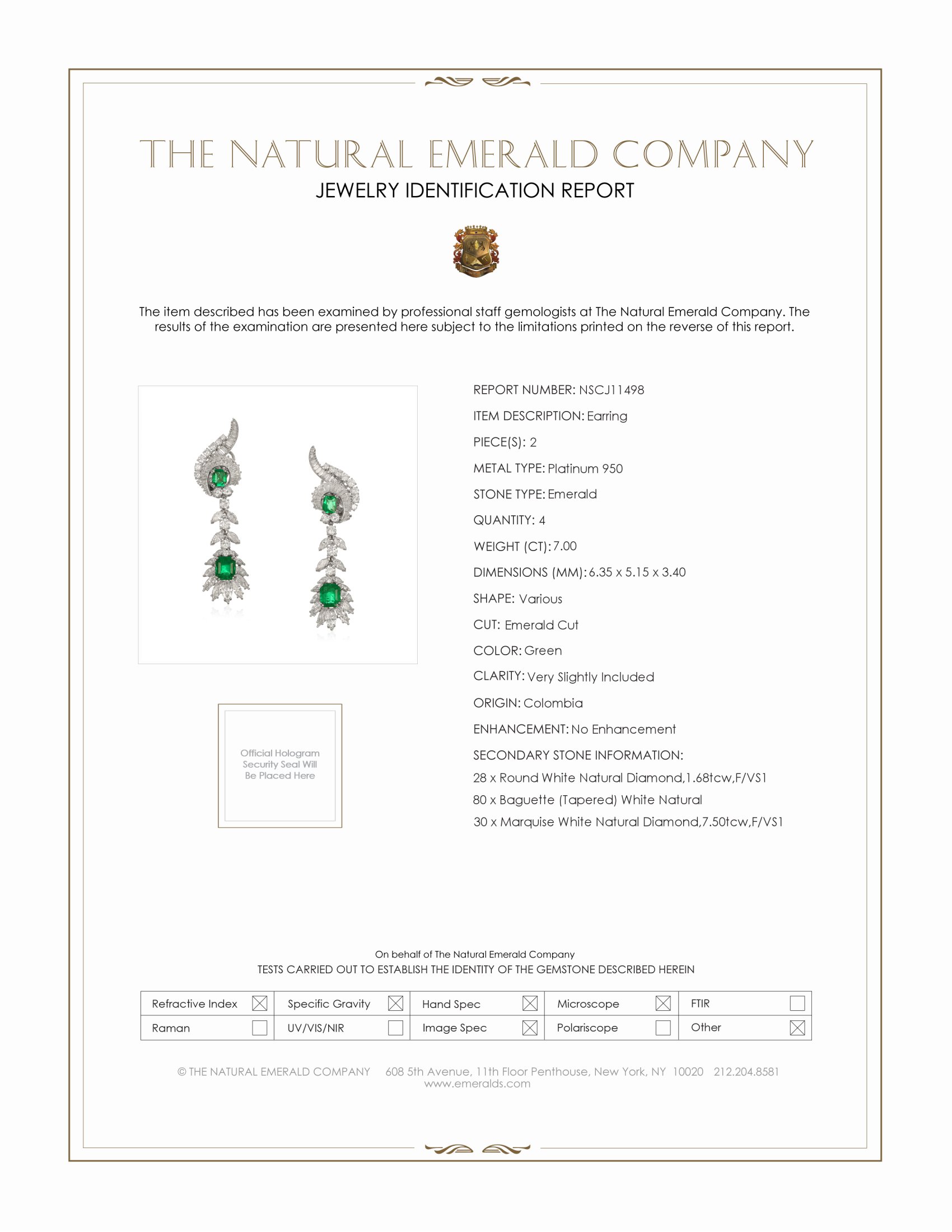 7.00 Ct.Tw. Emerald Natural Diamond Accent Stones Earrings, Platinum 950