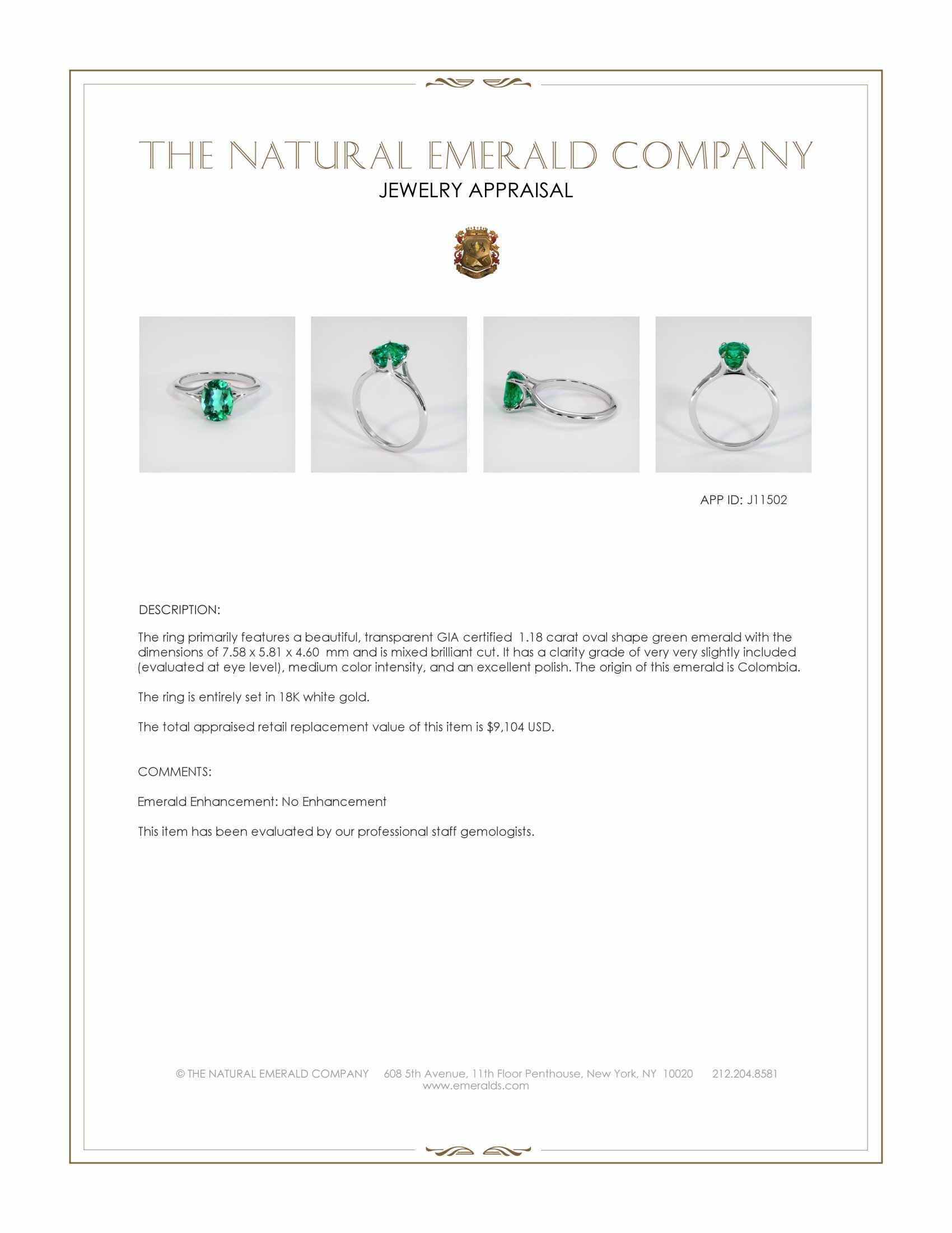 1.18 Ct. Emerald Solitaire Ring, 18K White Gold
