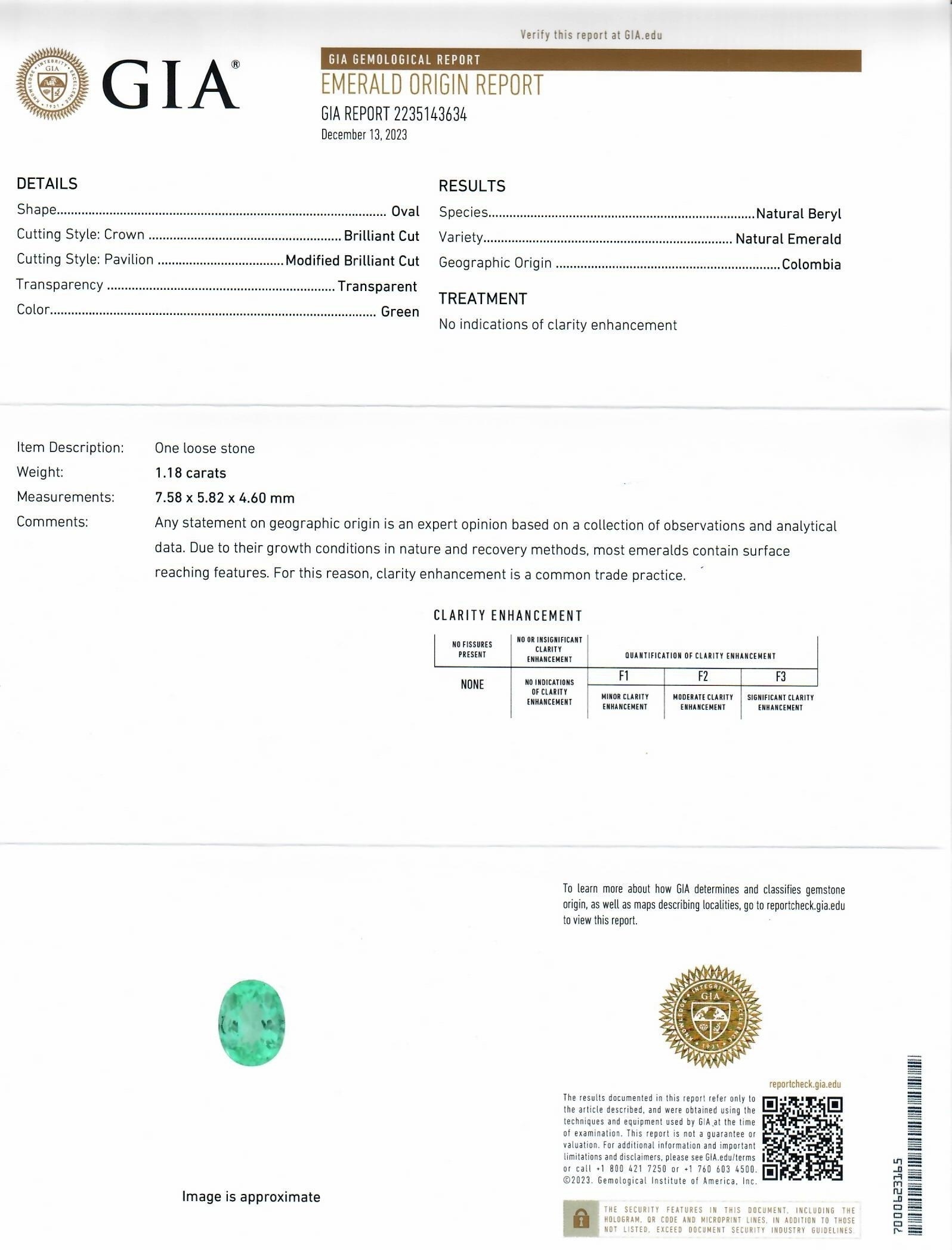 1.18 Ct. Emerald Solitaire Ring, 18K White Gold