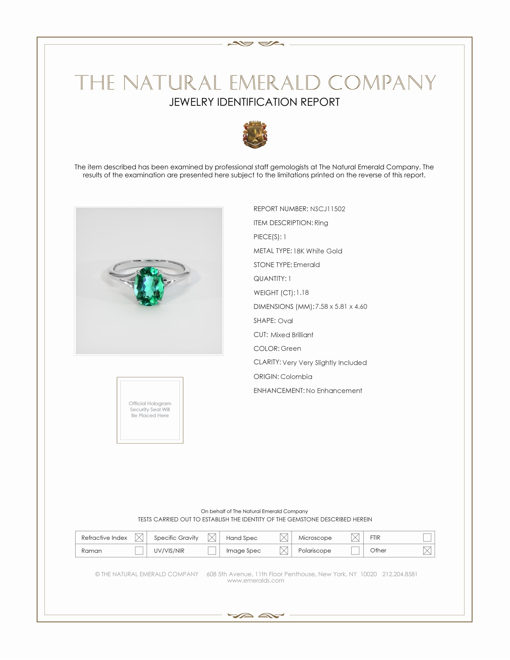 1.18 Ct. Emerald Solitaire Ring, 18K White Gold