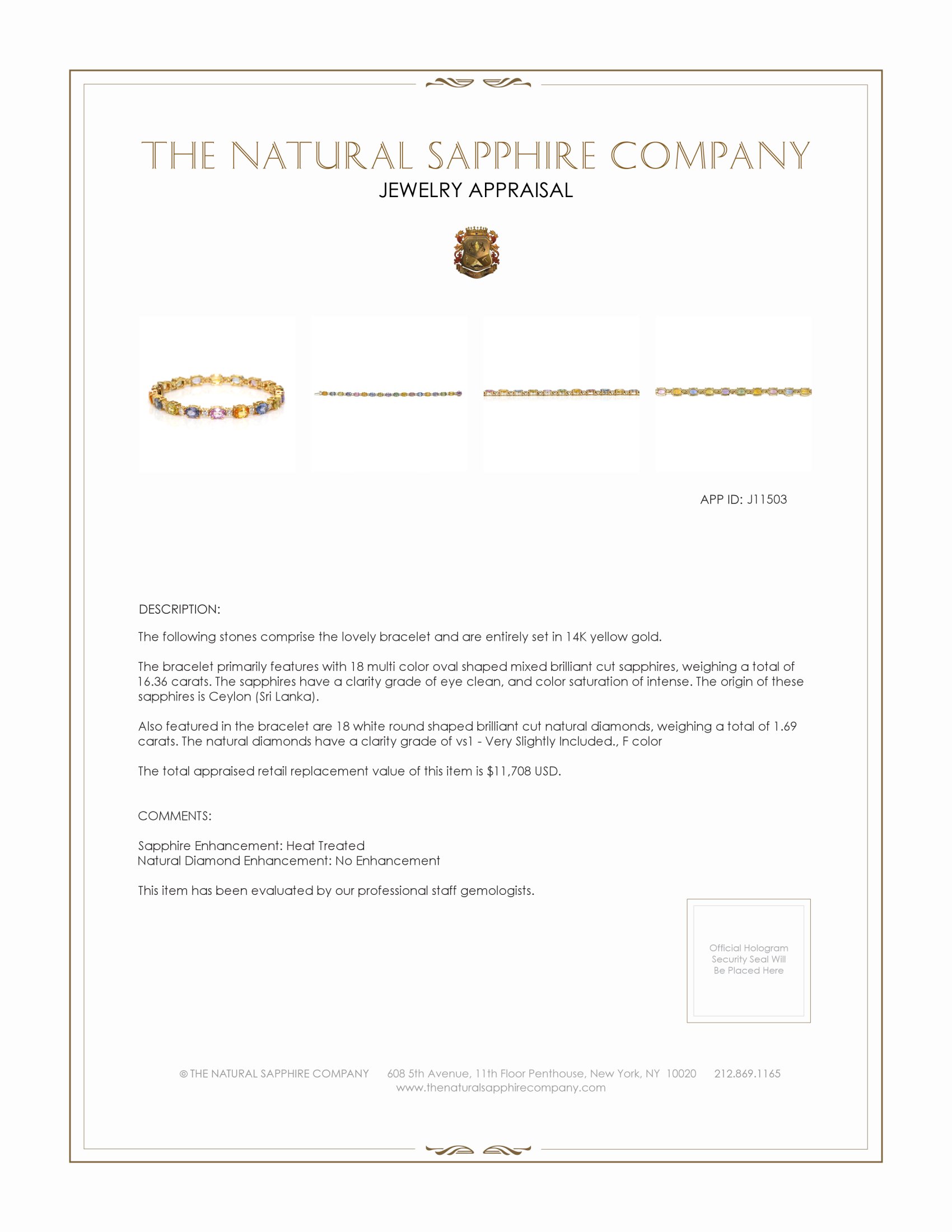 16.36 Ct.Tw. Multi Color Sapphire and Natural Diamond Accent Stones Bracelet, 14K Yellow Gold