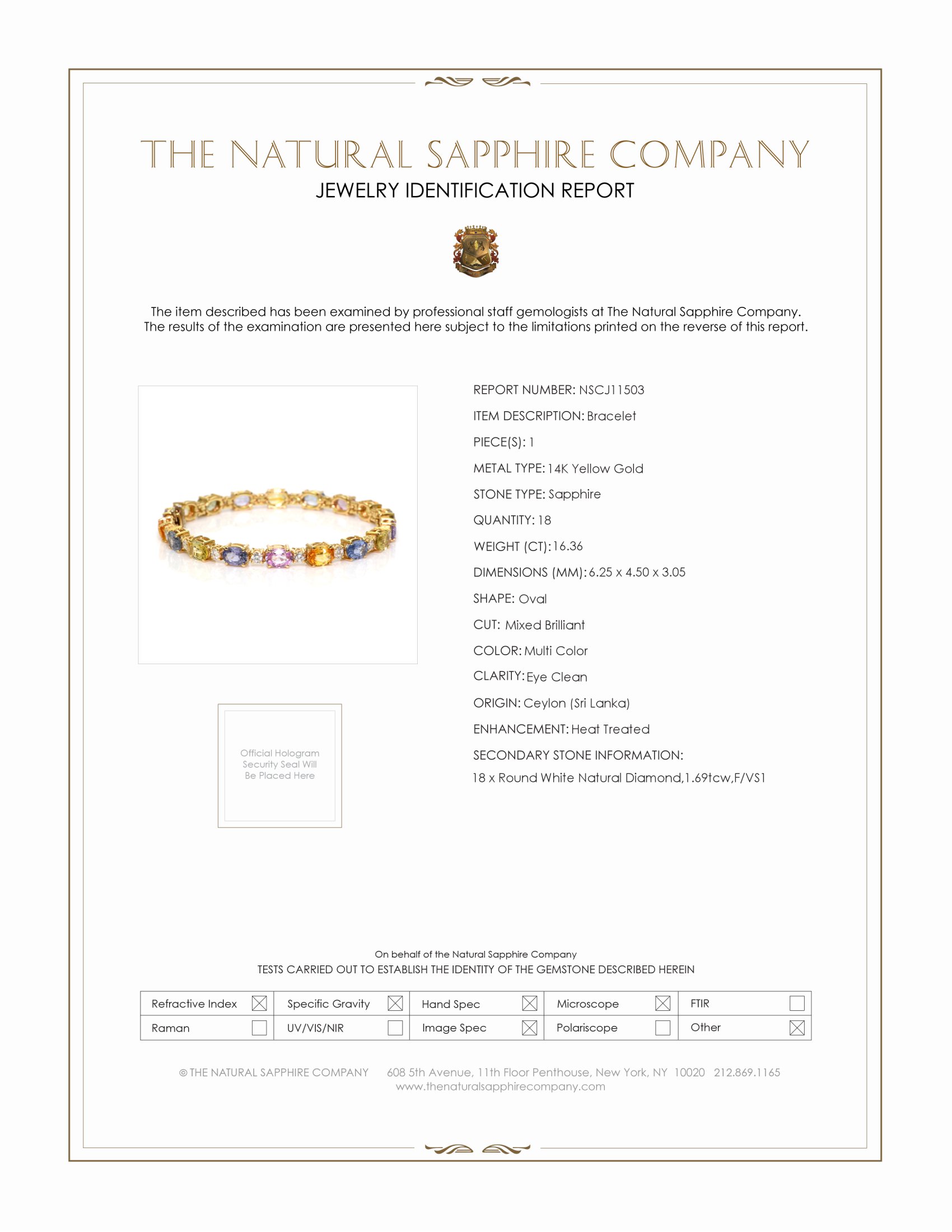16.36 Ct.Tw. Multi Color Sapphire and Natural Diamond Accent Stones Bracelet, 14K Yellow Gold