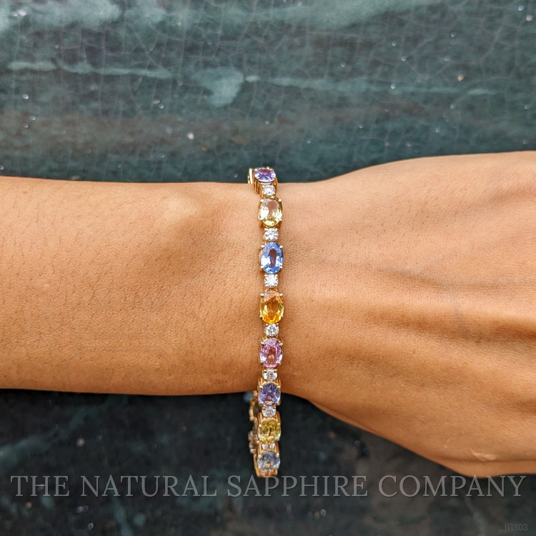 16.36 Ct.Tw. Multi Color Sapphire and Natural Diamond Accent Stones Bracelet, 14K Yellow Gold