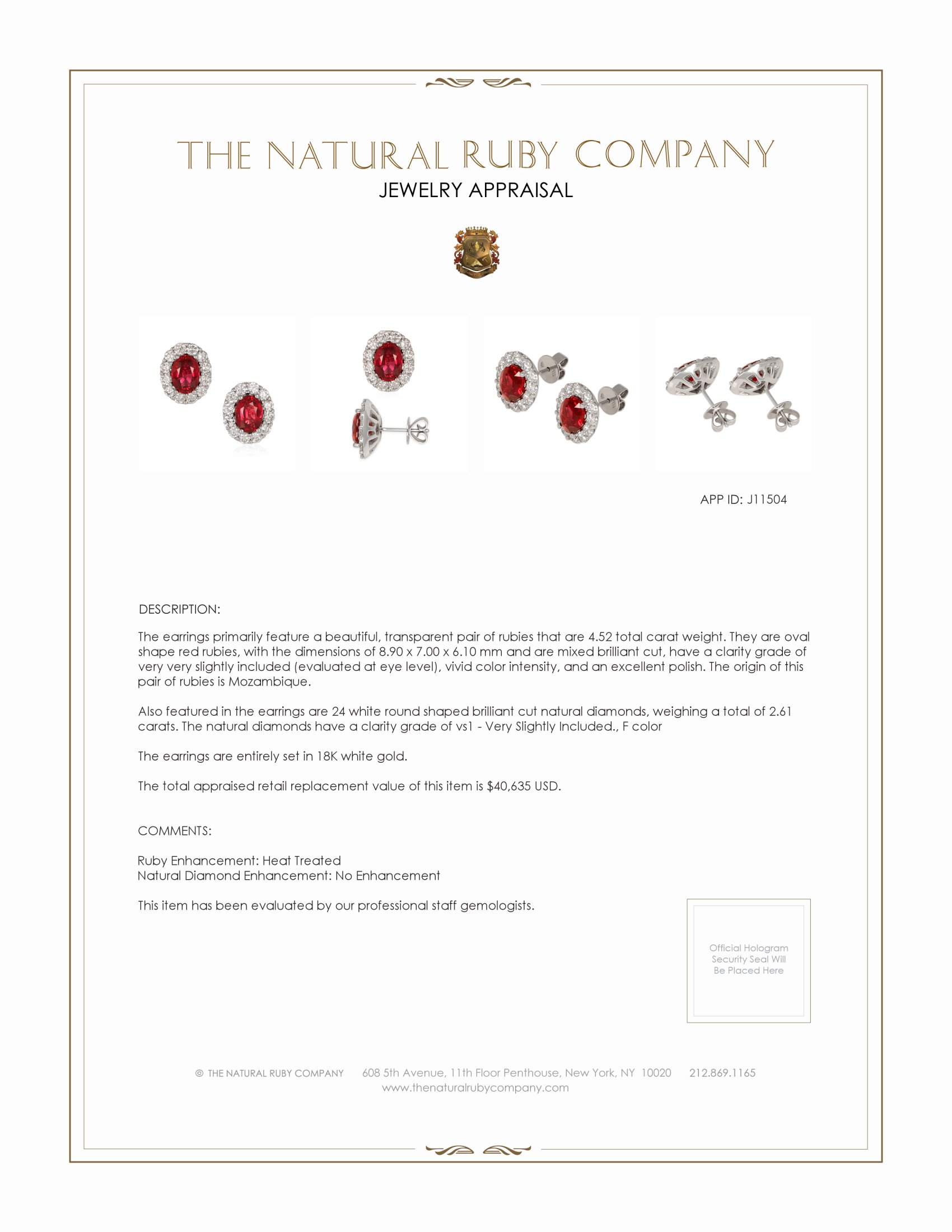 4.52 Ct.Tw. Ruby and Natural Diamond Studs Earrings, 18K White Gold