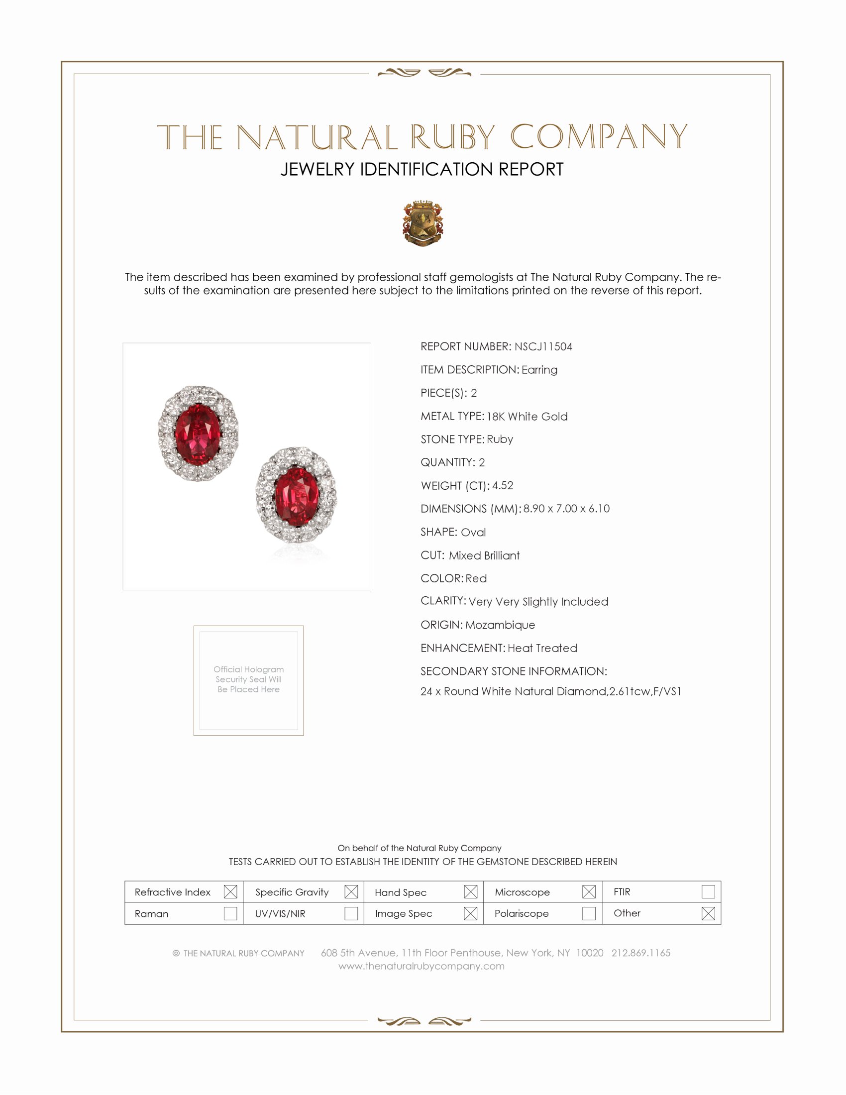 4.52 Ct.Tw. Ruby and Natural Diamond Studs Earrings, 18K White Gold