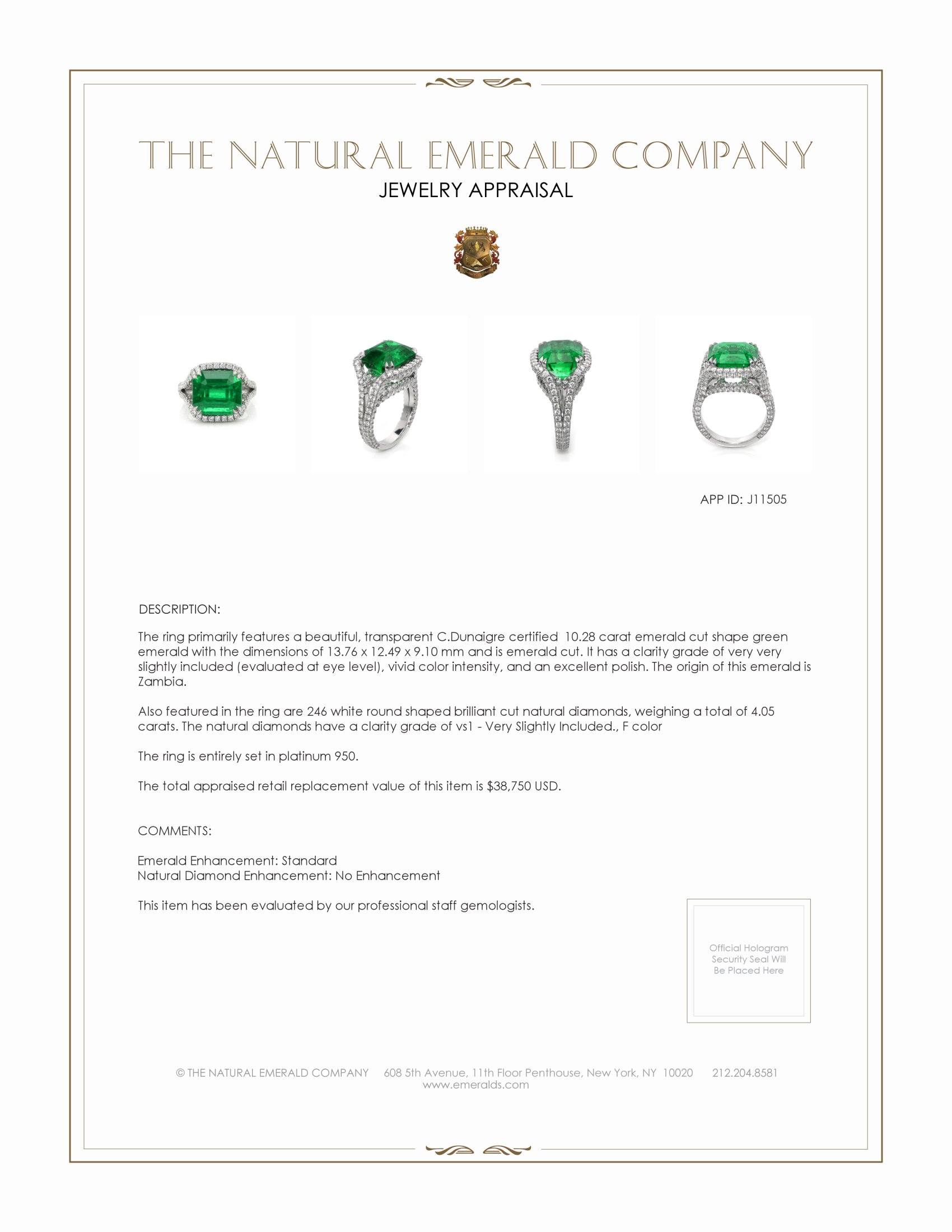 10.28 Ct. Emerald and Natural Diamond Pave Ring, Platinum 950