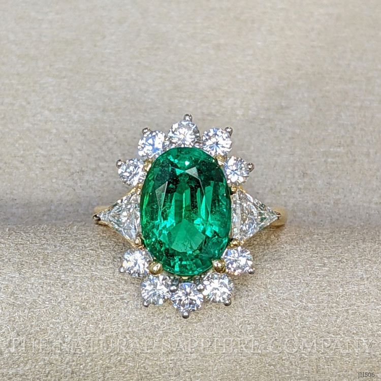 4.29 Ct. Emerald Natural Diamond Halo Ring, 18K Yellow Gold