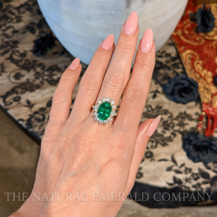 4.29 Ct. Emerald Natural Diamond Halo Ring, 18K Yellow Gold