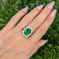 4.29 Ct. Emerald Natural Diamond Halo Ring, 18K Yellow Gold Life Style