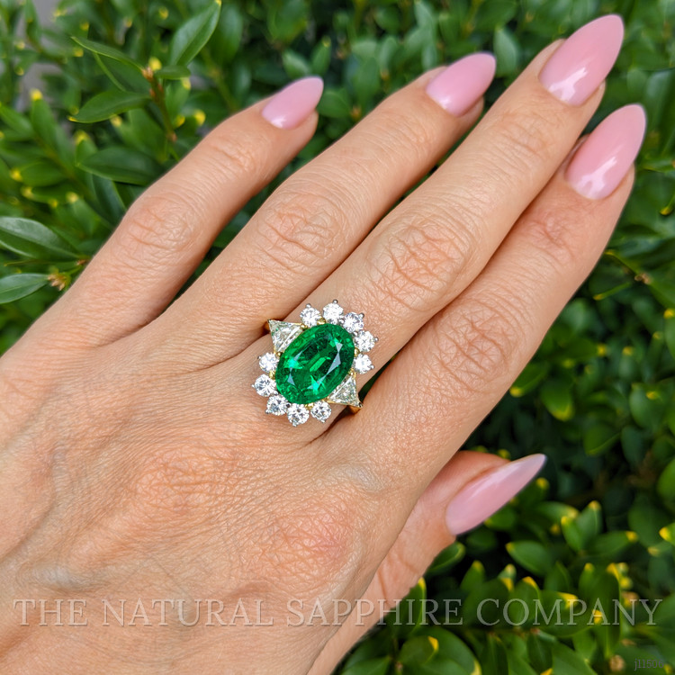 4.29 Ct. Emerald Natural Diamond Halo Ring, 18K Yellow Gold