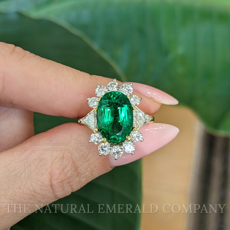 4.29 Ct. Emerald Natural Diamond Halo Ring, 18K Yellow Gold