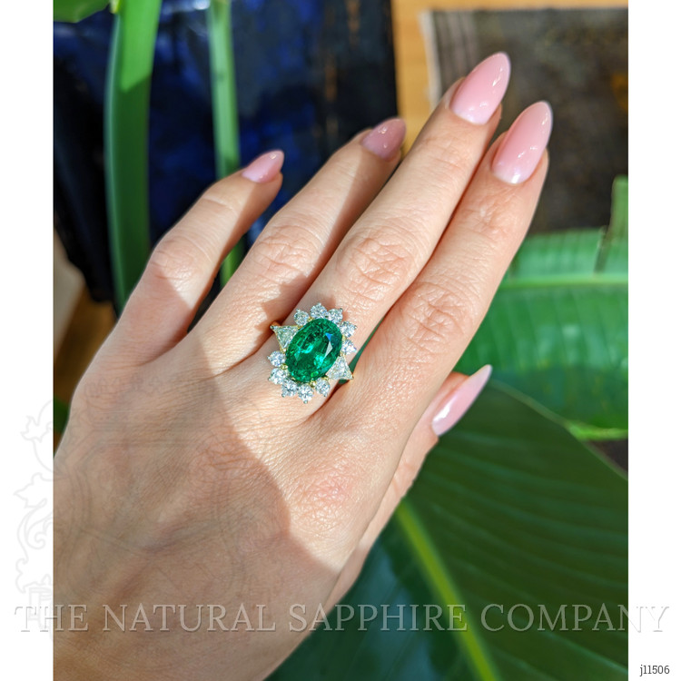 4.29 Ct. Emerald Natural Diamond Halo Ring, 18K Yellow Gold