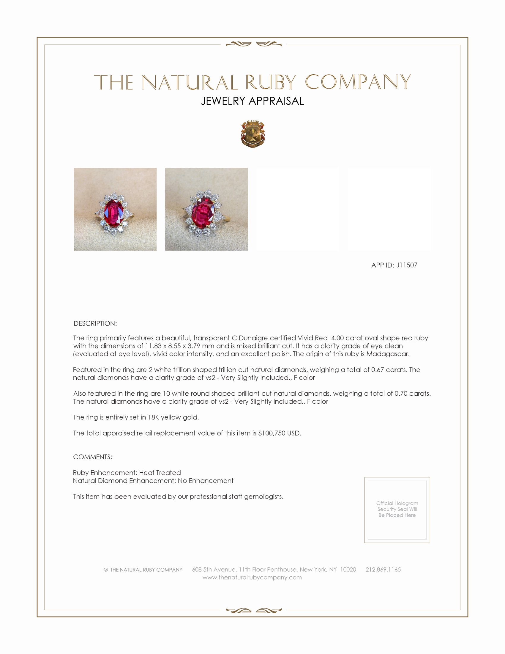 4.00 Ct. Ruby and Natural Diamond Halo Ring, 18K Yellow Gold