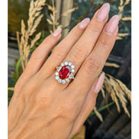 4.00 Ct. Ruby and Natural Diamond Halo Ring, 18K Yellow Gold Life Style