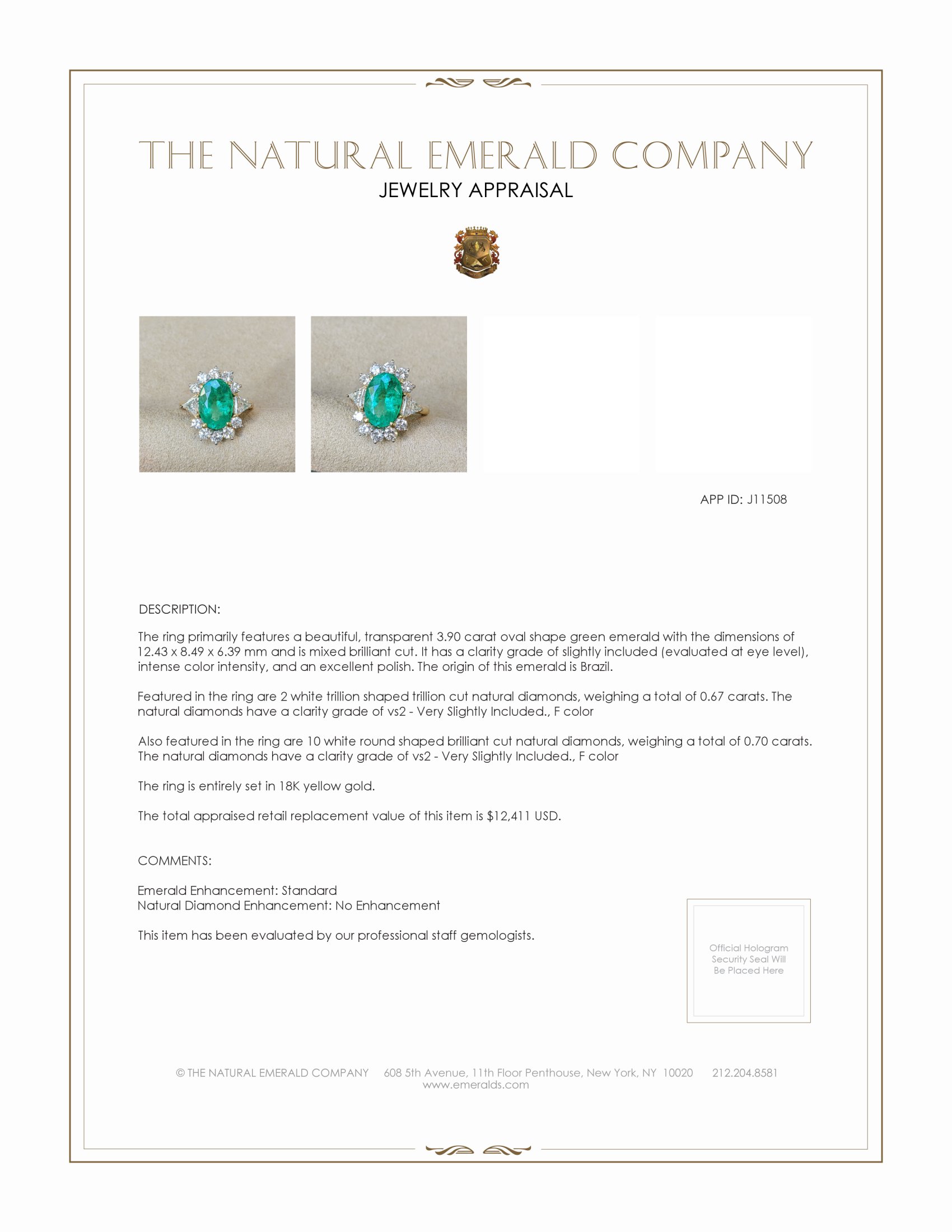 3.90 Ct. Emerald and Natural Diamond Halo Ring, 18K Yellow Gold