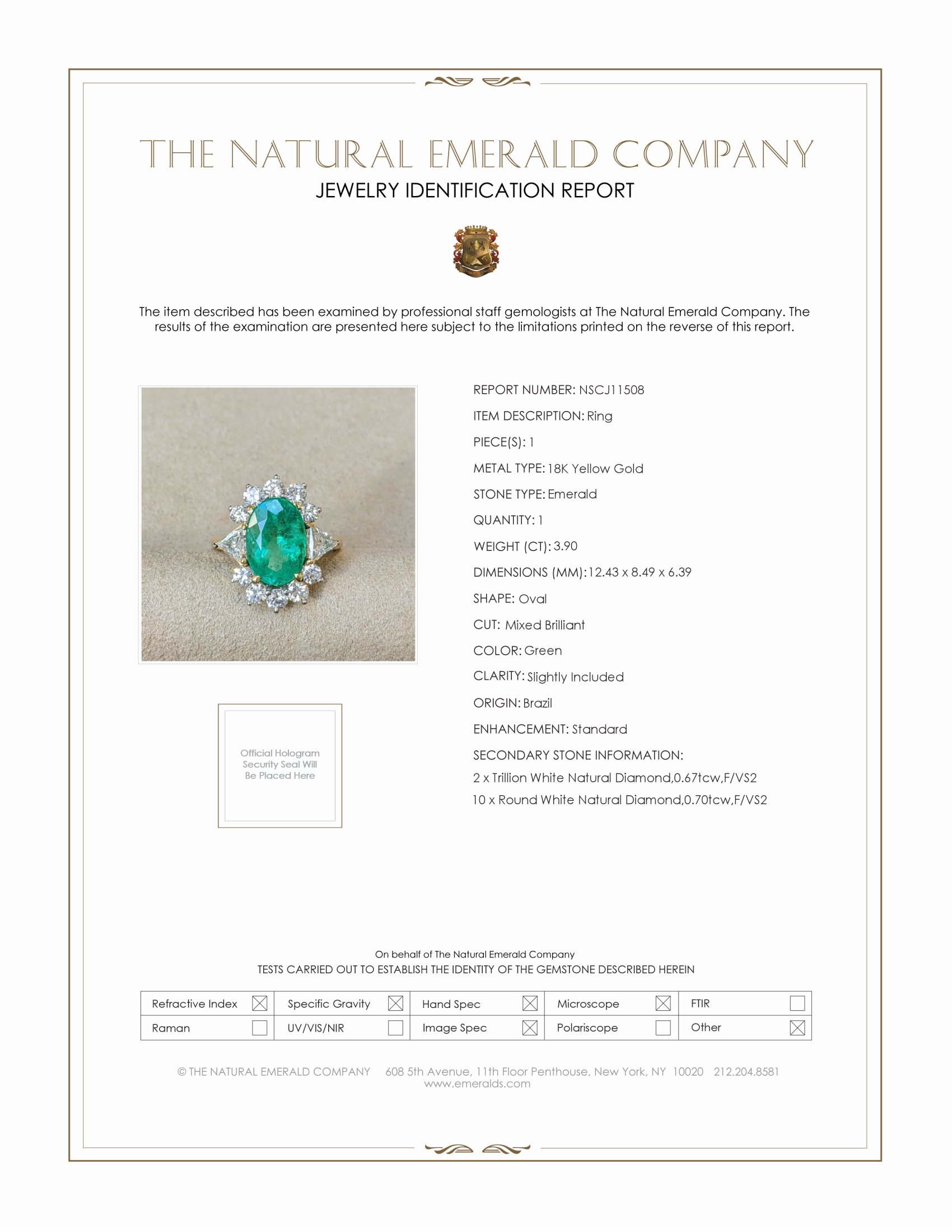 3.90 Ct. Emerald and Natural Diamond Halo Ring, 18K Yellow Gold