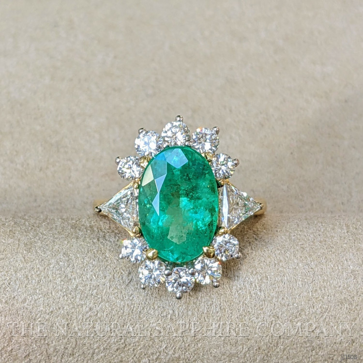 3.90 Ct. Emerald Natural Diamond Halo Ring, 18K Yellow Gold