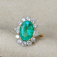 3.90 Ct. Emerald Natural Diamond Halo Ring, 18K Yellow Gold Image