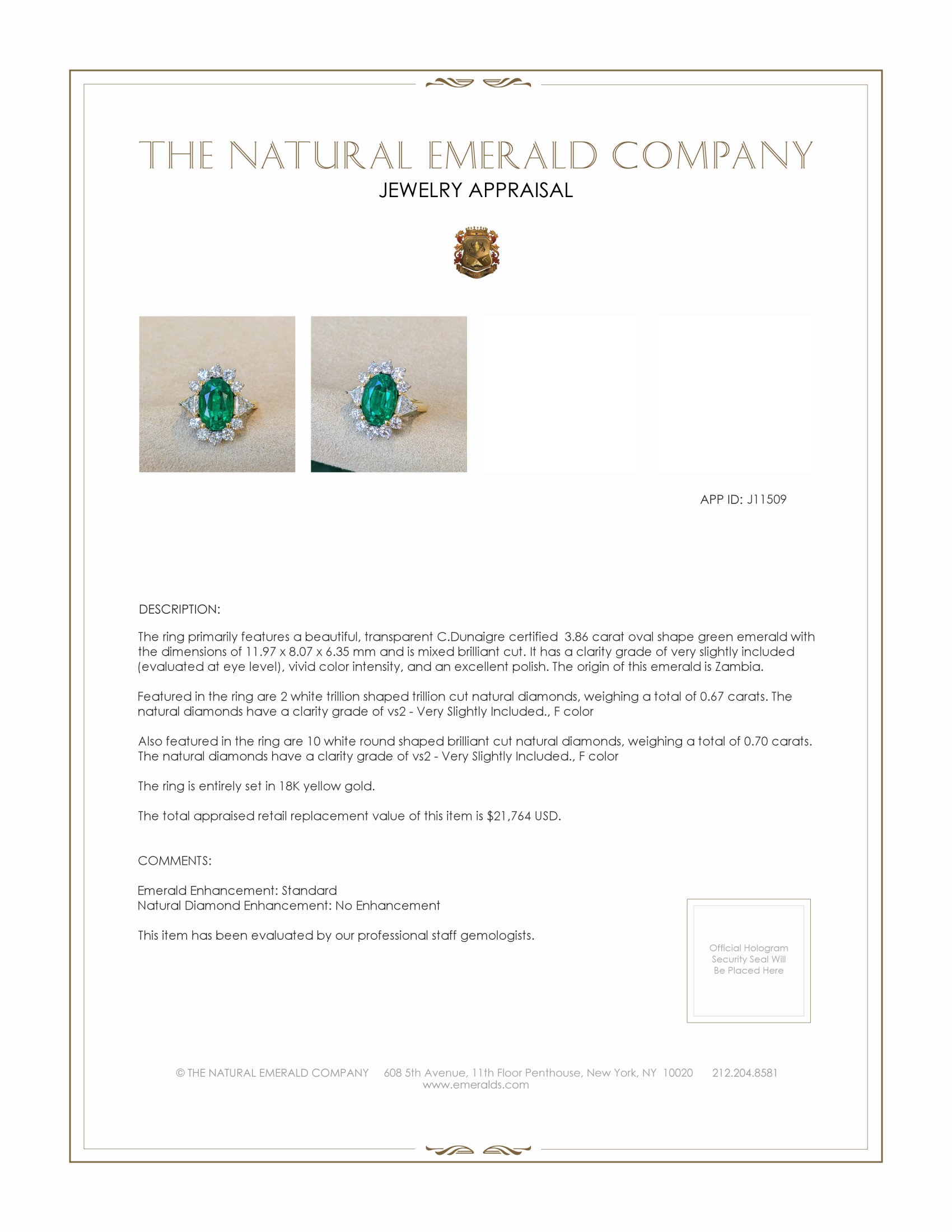 3.86 Ct. Emerald and Natural Diamond Halo Ring, 18K Yellow Gold