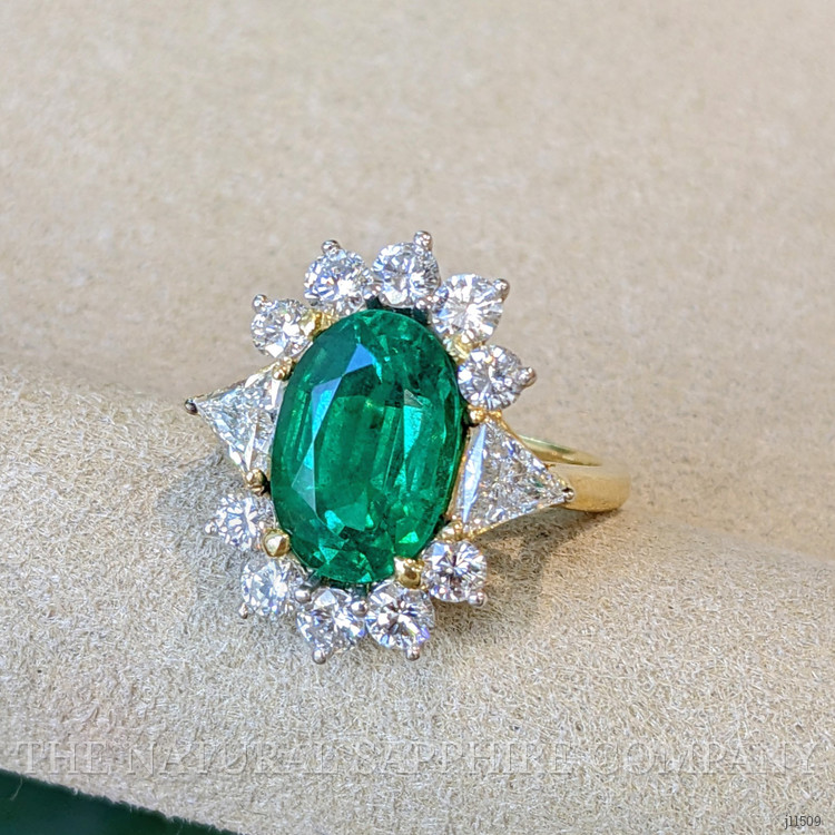 3.86 Ct. Emerald Natural Diamond Halo Ring, 18K Yellow Gold