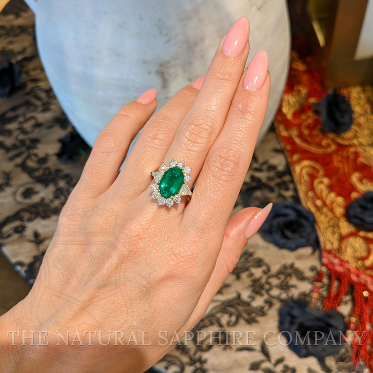 3.86 Ct. Emerald Natural Diamond Halo Ring, 18K Yellow Gold