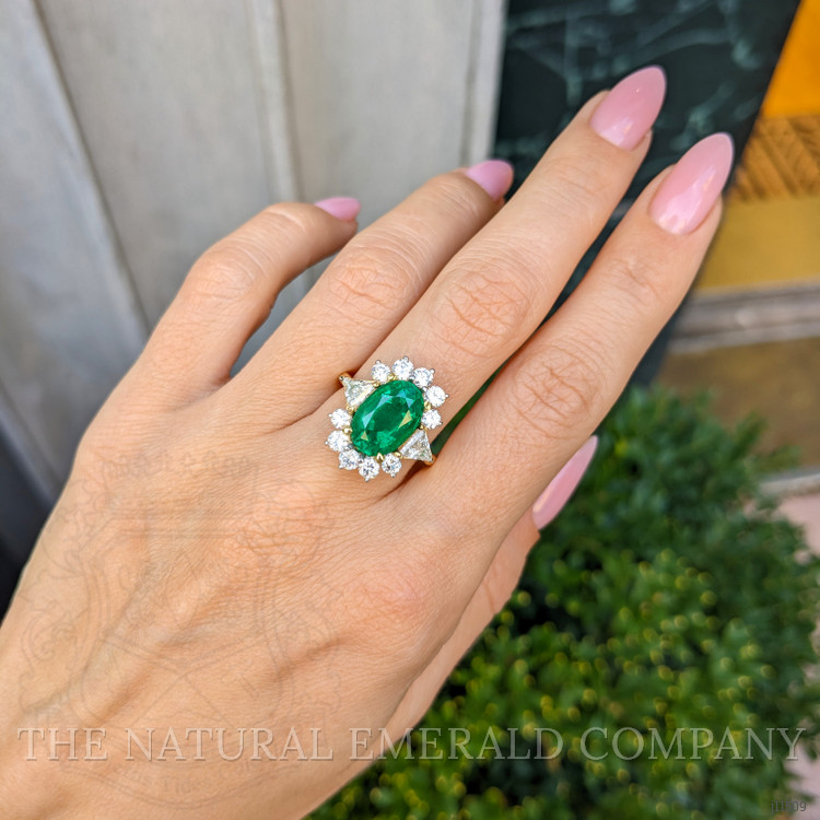 3.86 Ct. Emerald Natural Diamond Halo Ring, 18K Yellow Gold