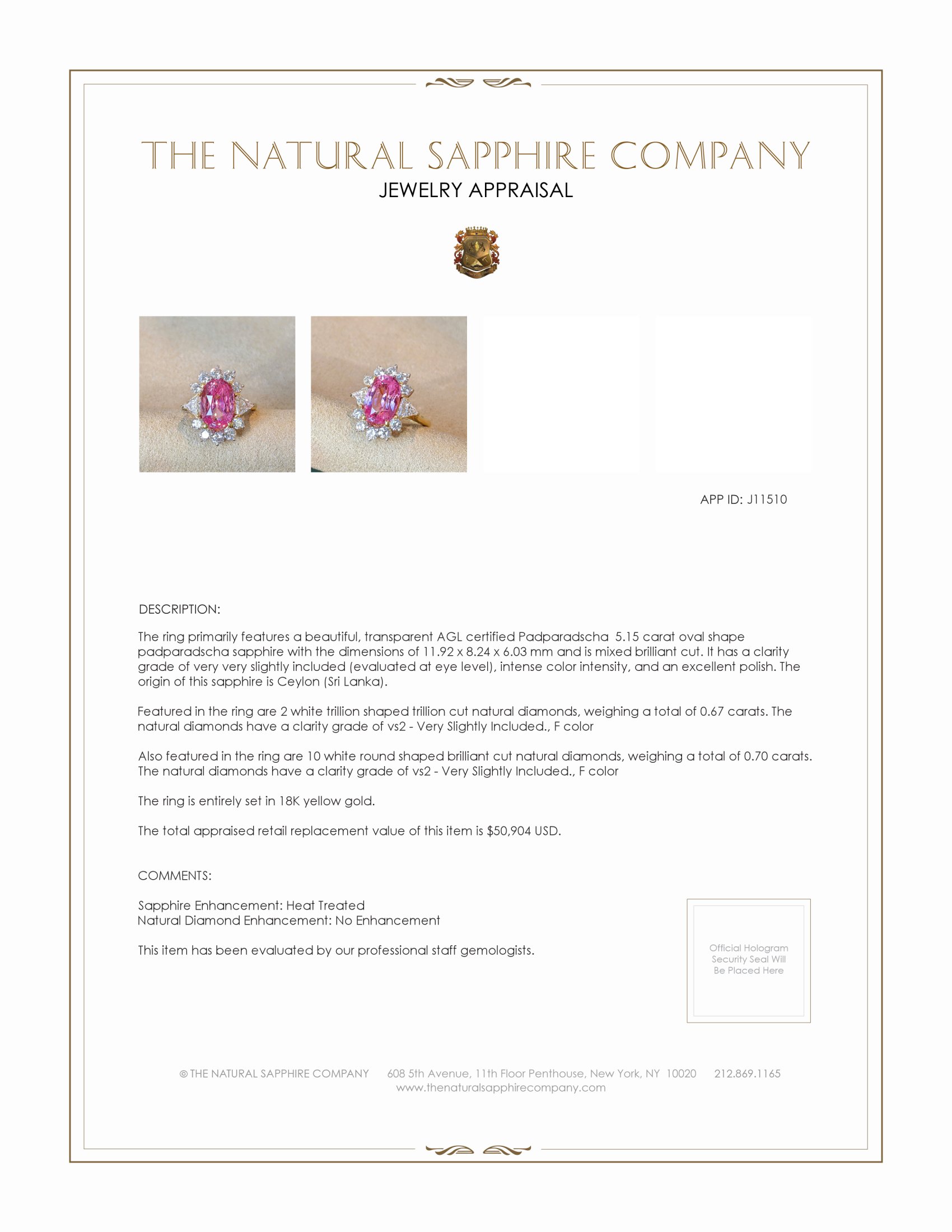 5.15 Ct. Padparadscha Sapphire and Natural Diamond Halo Ring, 18K Yellow Gold
