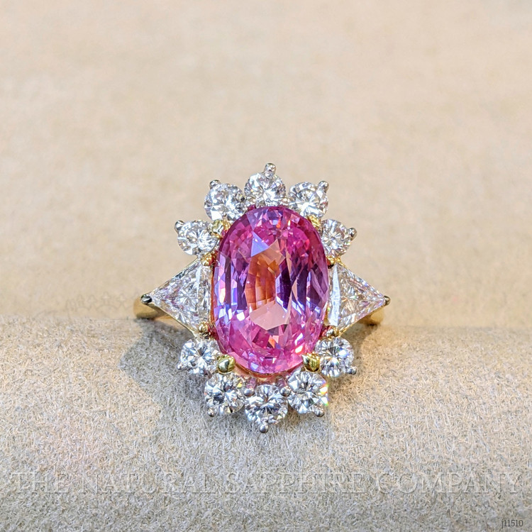 5.15 Ct. Padparadscha Sapphire and Natural Diamond Halo Ring, 18K Yellow Gold