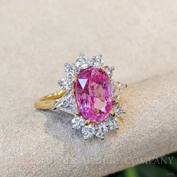 5.15 Ct. Padparadscha Sapphire and Natural Diamond Halo Ring, 18K Yellow Gold
