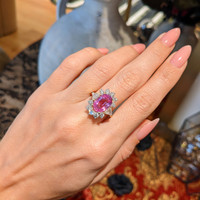 5.15 Ct. Padparadscha Sapphire and Natural Diamond Halo Ring, 18K Yellow Gold Life Style