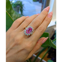 5.15 Ct. Padparadscha Sapphire and Natural Diamond Halo Ring, 18K Yellow Gold Life Style