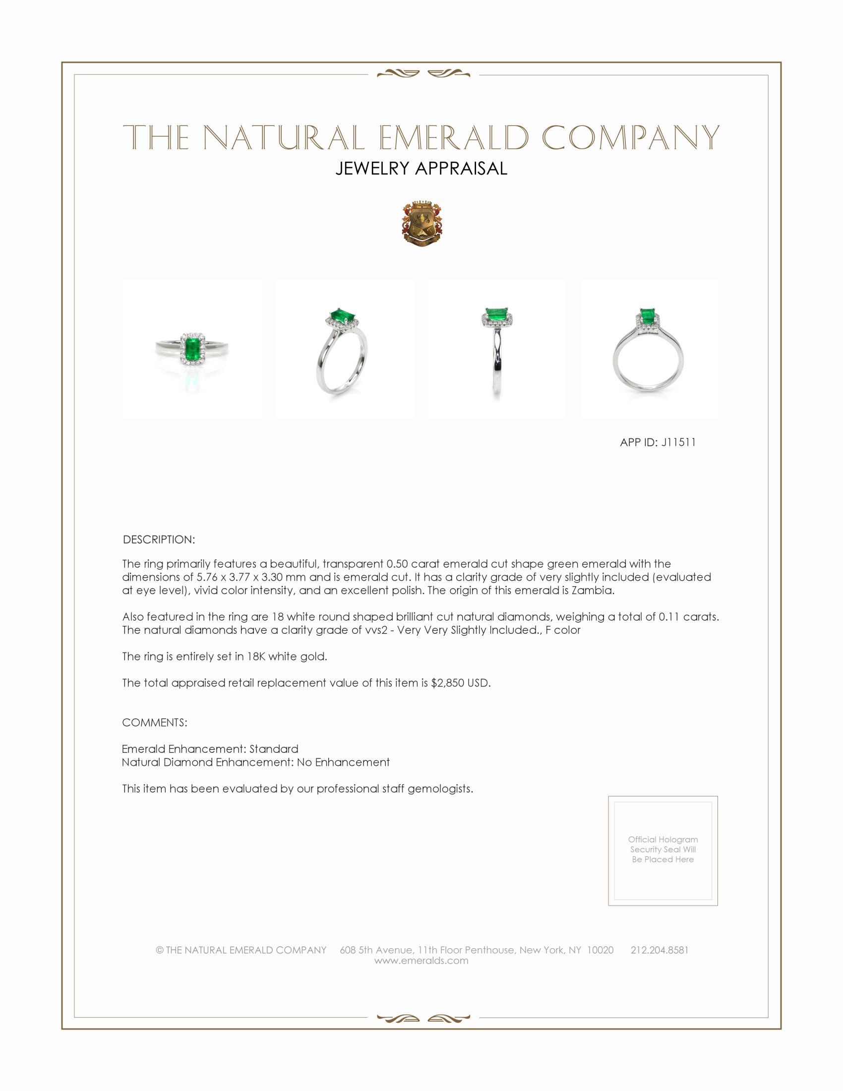 0.50 Ct. Emerald and Natural Diamond Pave Ring, 18K White Gold