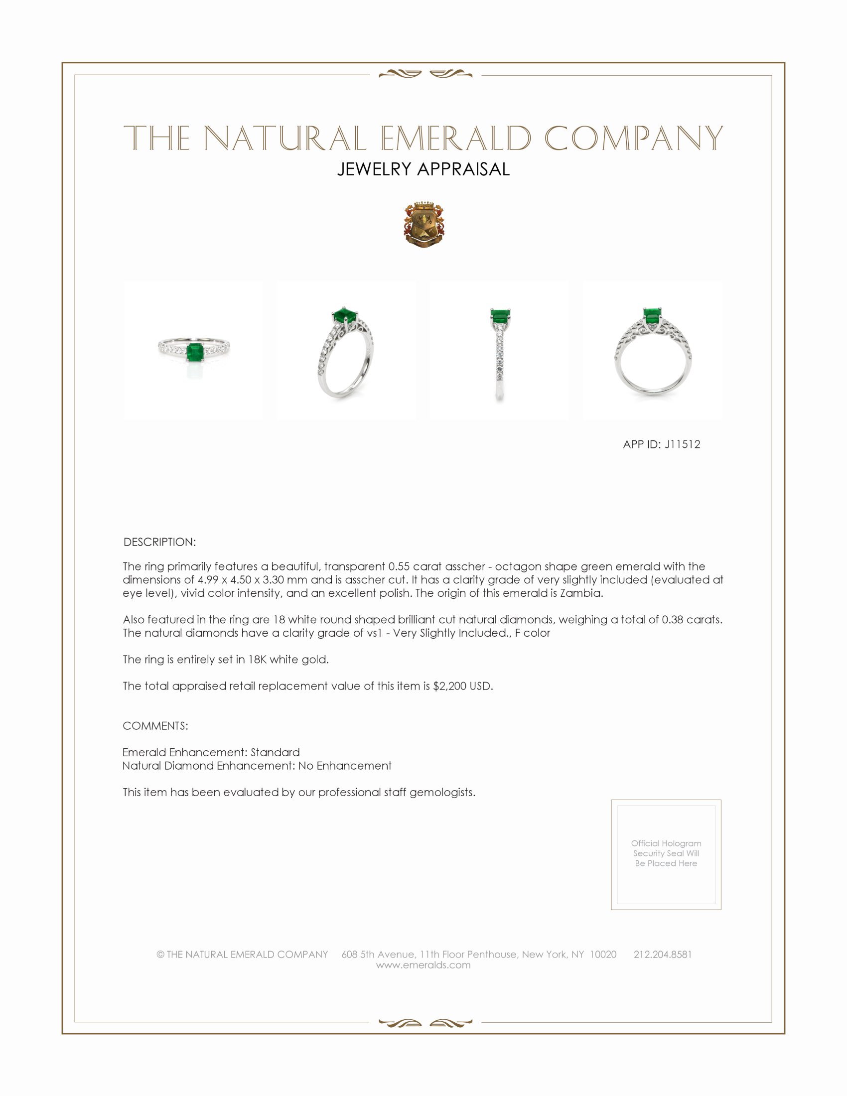 0.55 Ct. Emerald and Natural Diamond Pave Ring, 18K White Gold