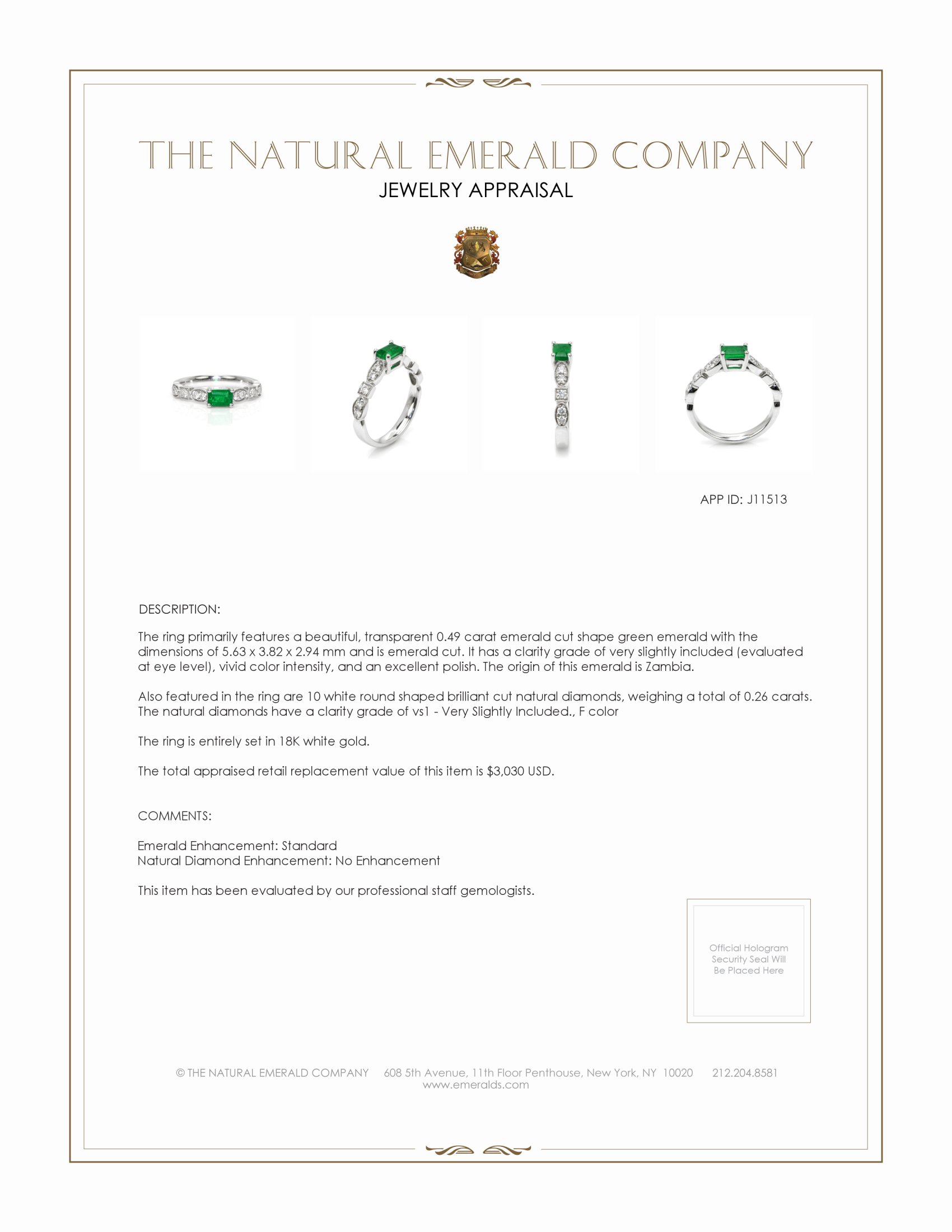 0.49 Ct. Emerald and Natural Diamond Pave Ring, 18K White Gold