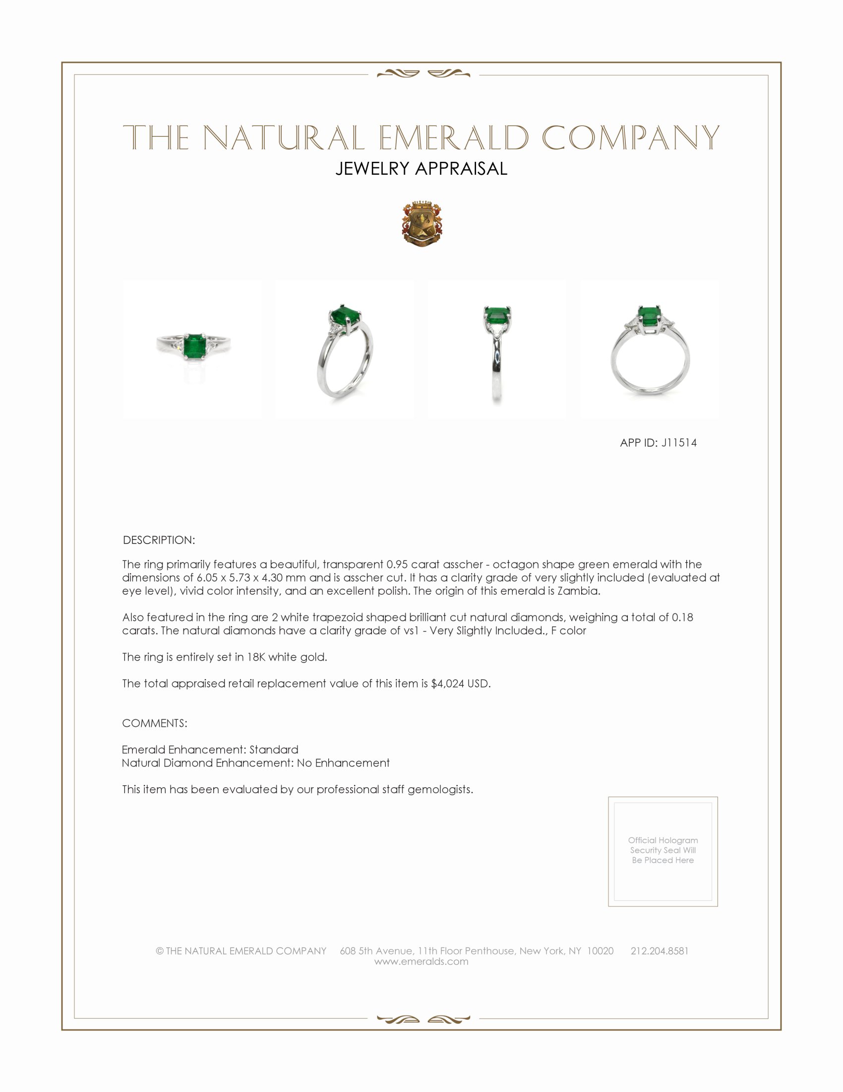 0.95 Ct. Emerald and Natural Diamond Three Stone Ring, 18K White Gold