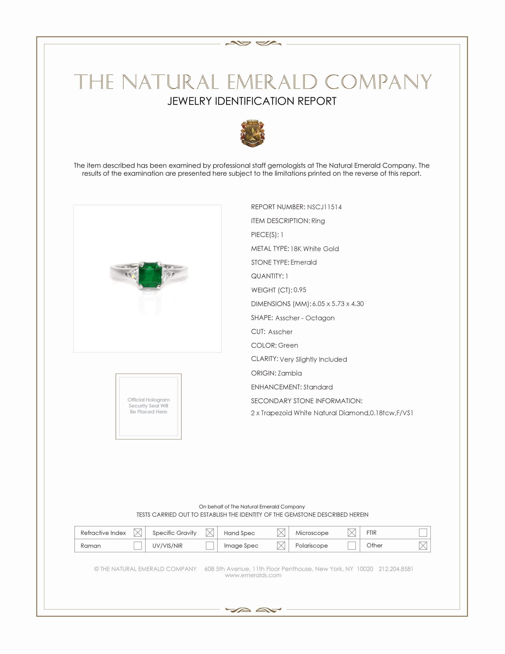 0.95 Ct. Emerald and Natural Diamond Three Stone Ring, 18K White Gold