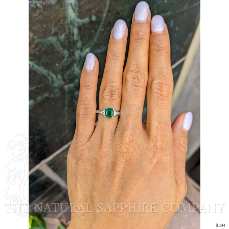 0.95 Ct. Emerald Natural Diamond Three Stone Ring, 18K White Gold