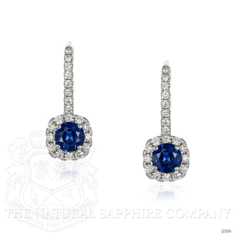 0.88 Ct.Tw. Blue Sapphire and Natural Diamond Pave Earrings, 18K White Gold