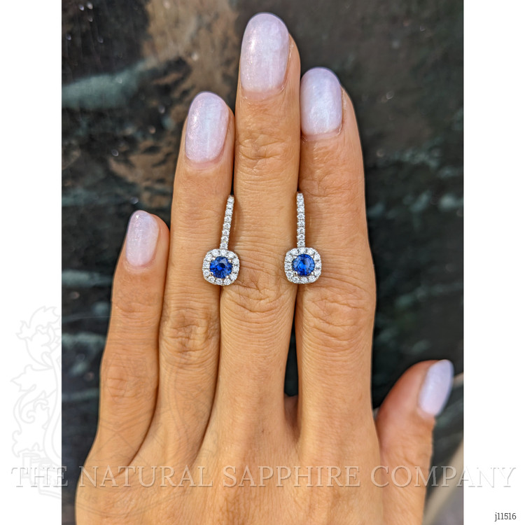 0.88 Ct.Tw. Blue Sapphire and Natural Diamond Pave Earrings, 18K White Gold