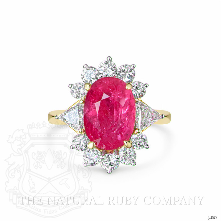 5.88 Ct. Pinkish Red Ruby and Natural Diamond Halo Ring, 18K Yellow Gold