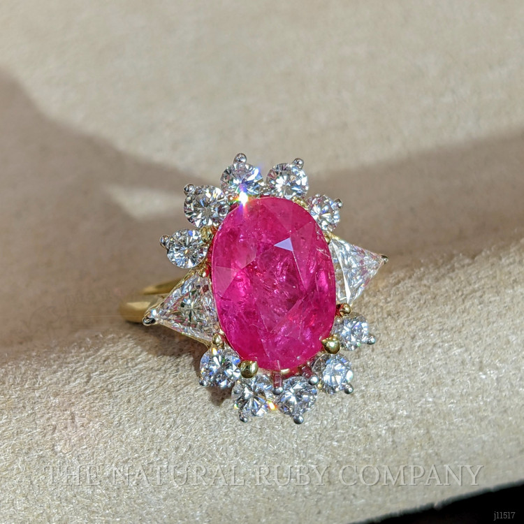 5.88 Ct. Ruby Natural Diamond Halo Ring, 18K Yellow Gold