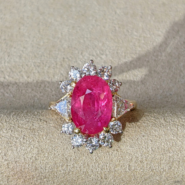 5.88 Ct. Pinkish Red Ruby and Natural Diamond Halo Ring, 18K Yellow Gold