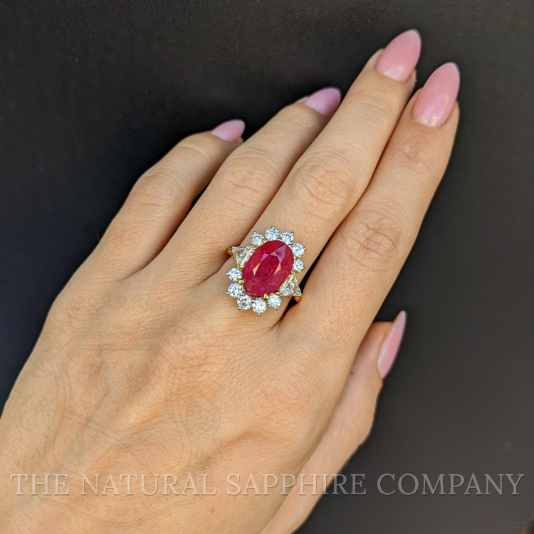 5.88 Ct. Ruby Natural Diamond Halo Ring, 18K Yellow Gold