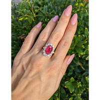 5.88 Ct. Ruby Natural Diamond Halo Ring, 18K Yellow Gold Life Style