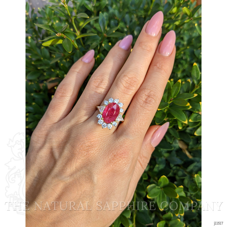 5.88 Ct. Ruby Natural Diamond Halo Ring, 18K Yellow Gold