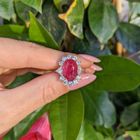 5.88 Ct. Ruby Natural Diamond Halo Ring, 18K Yellow Gold Life Style