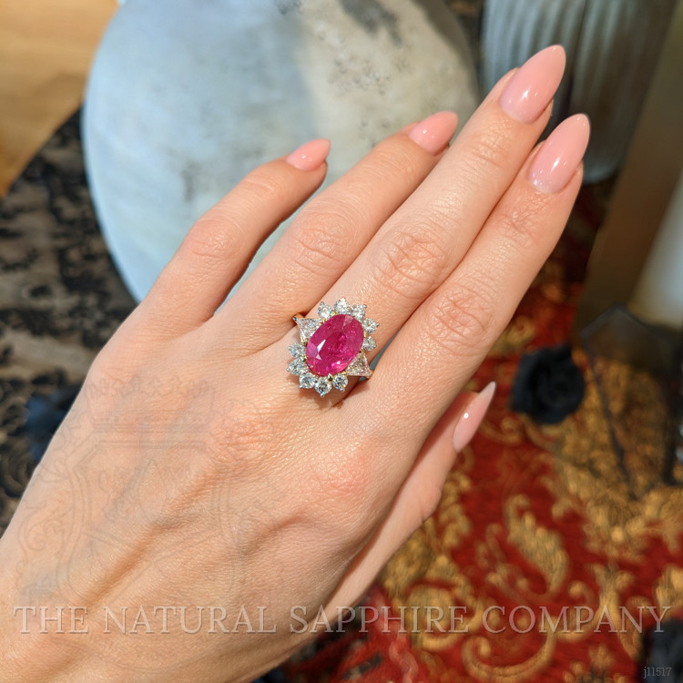 5.88 Ct. Ruby Natural Diamond Halo Ring, 18K Yellow Gold