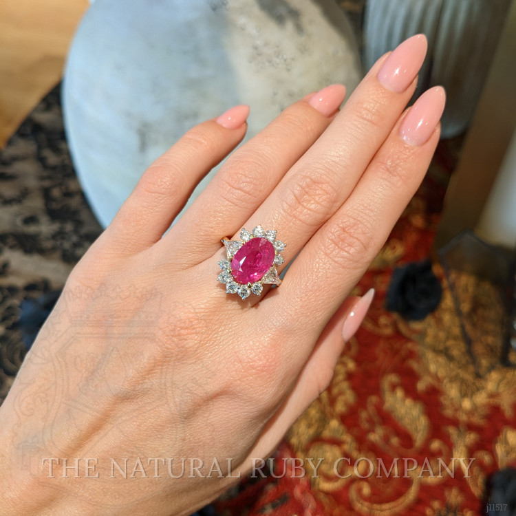 5.88 Ct. Ruby Natural Diamond Halo Ring, 18K Yellow Gold