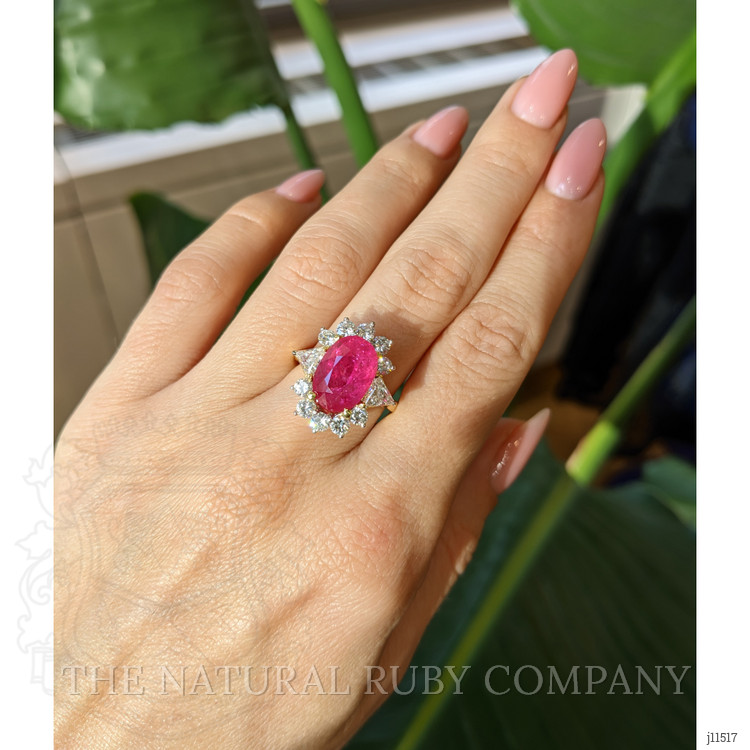 5.88 Ct. Ruby Natural Diamond Halo Ring, 18K Yellow Gold